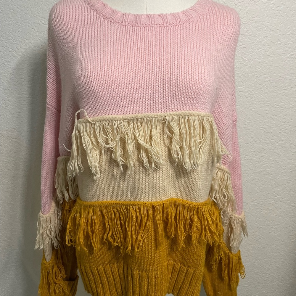 Peach Love California Colorblock Fringe Sweater